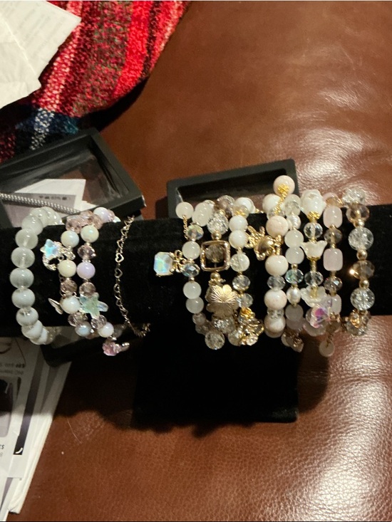 Jewelry - White and Iridescent charm bracelet  crystal beads, rose quartz, and moonstone.